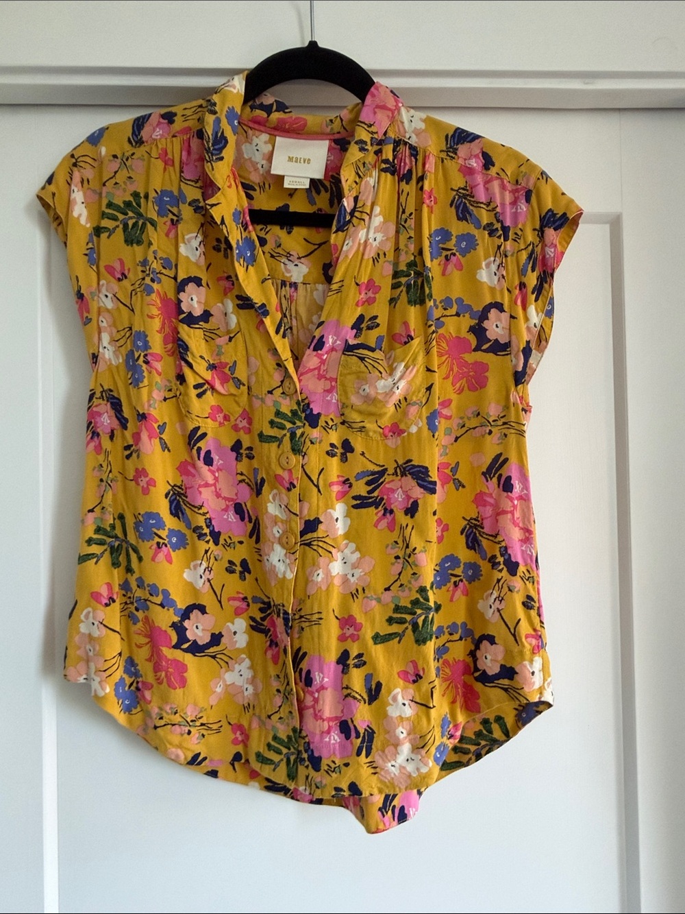 Maeve Yellow Floral Cap-Sleeve Button Front Blouse